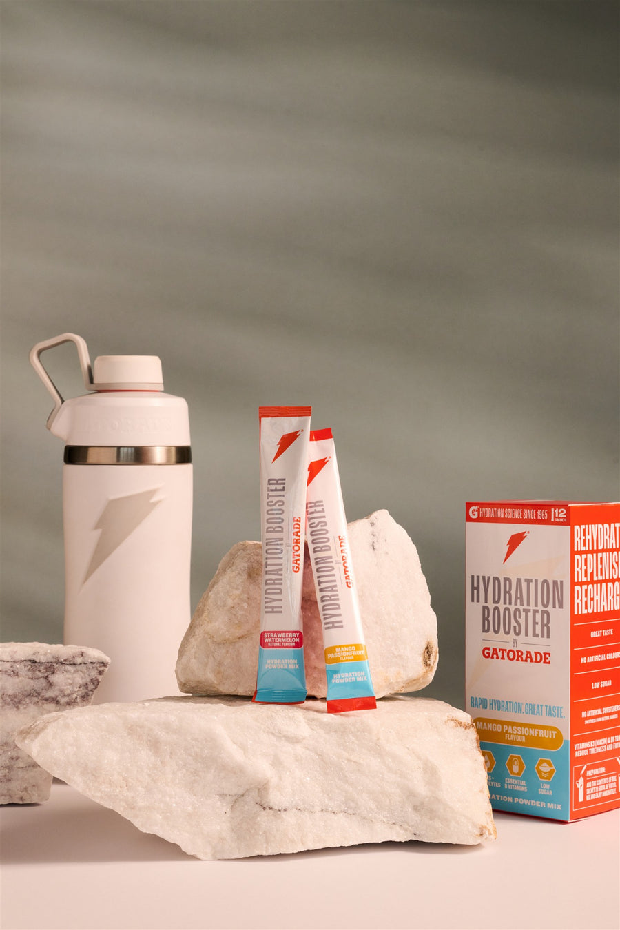 Hydration Booster sachets, box and bottle